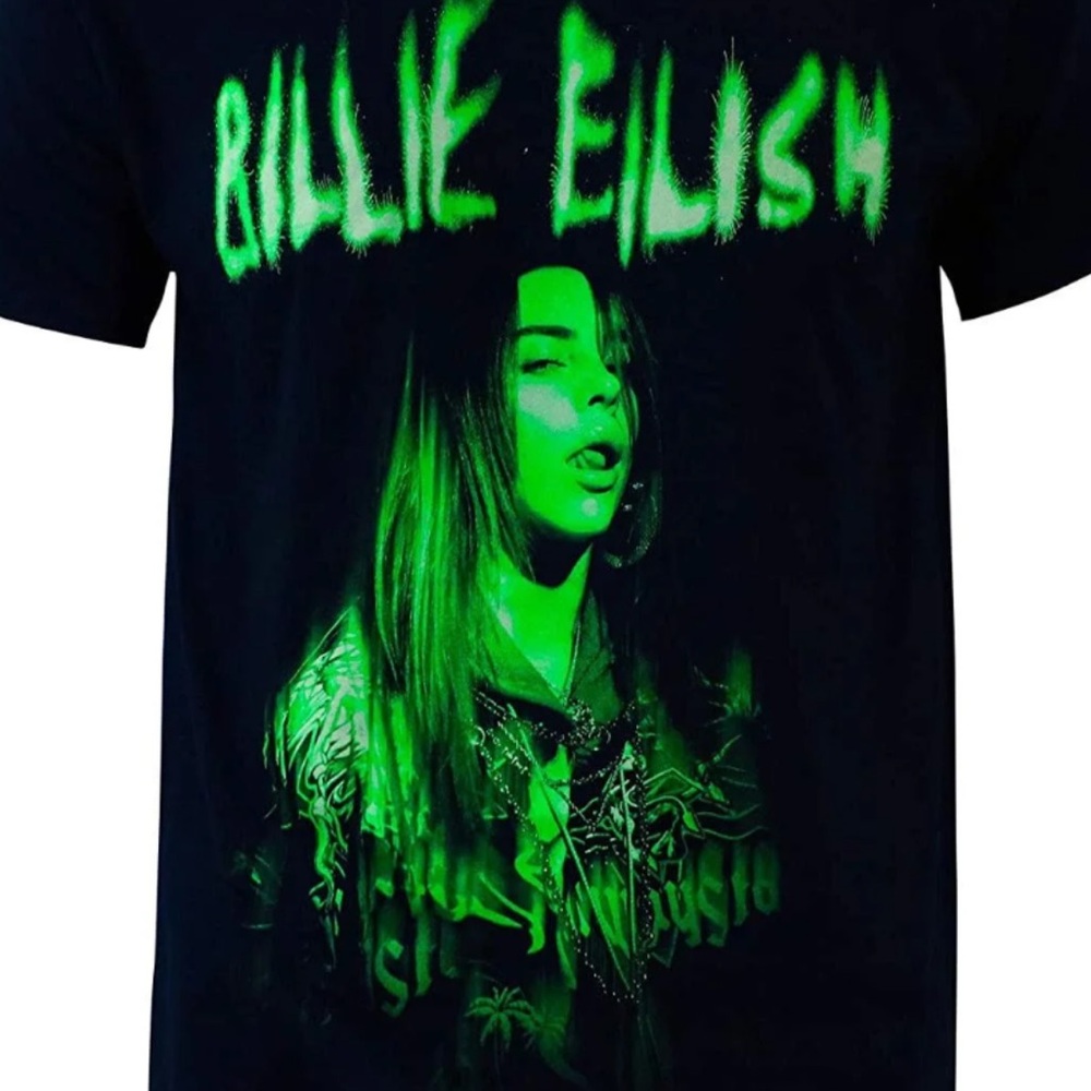 Official Billie Eilish Neon Green Graphic Oversized T-Shirt Raw Edge Black XL